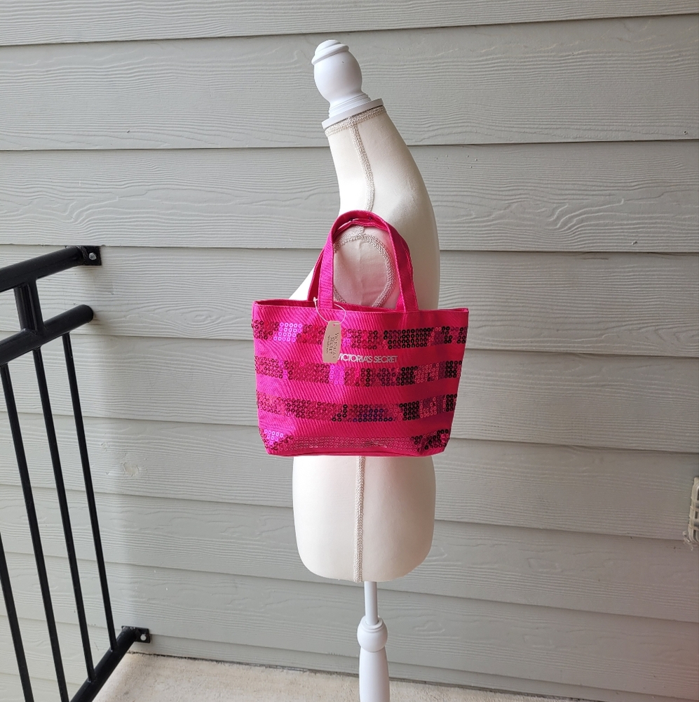 NWT Victoria's Secret Small Petite Sequin Pink Striped Canvas Shimmery Tote Bag